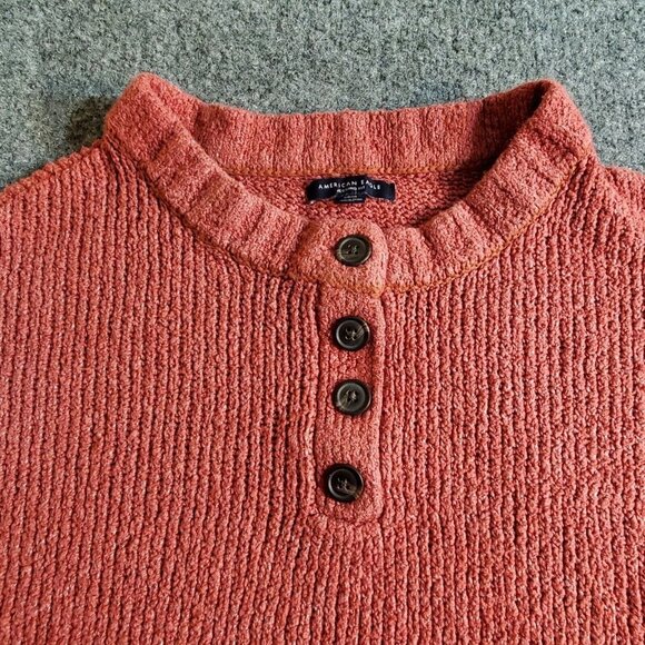 American Eagle Red Jegging Sweater Size Small Relaxed Fit Chunky Knit 1/4 Button - Picture 3 of 11